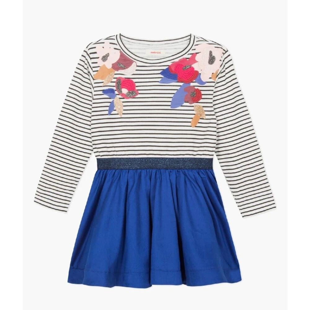 Catimini Blue‎ Stripped Floral Longsleeve Girls Cotton Dress 4T
